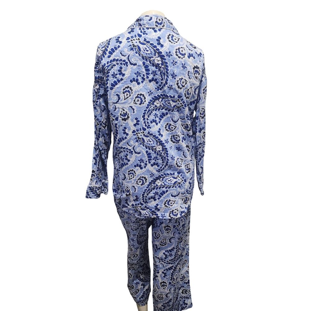 Lauren Ralph Lauren Blue Paisley Cotton Pajama Set L Button Front Sleepwear - Picture 4 of 7